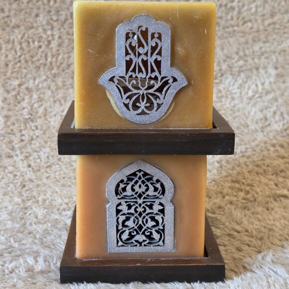 Moroccan Wax Tealight Holders – Pair, Hamsa/Arch - Picture 3 of 5